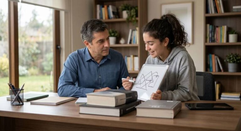 A student and parent practicing the active recall study method at home with study materials.