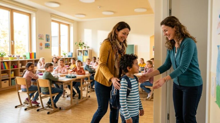 A teacher welcoming a student to help transfer child new school best time moments smoothly in a bright classroom.