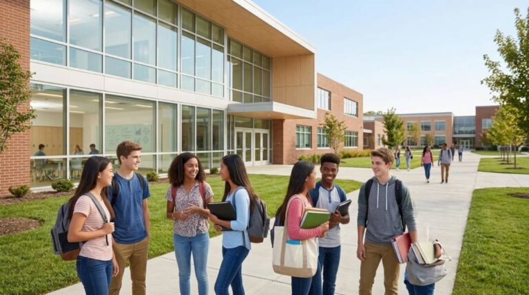 Students walking outside a top rated public high school campus on a sunny day.