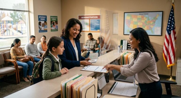 A mother and daughter submitting paperwork to enroll international student US candidates at a school administration office.